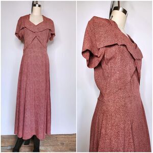 90s does 40s Maxi Dress - Polka Dot Print Dress Long Slits Dress Front & Back XS